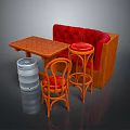 Wooden Dining Table With Red Tufted Banquette Sofa Orange Bar Stools And Silver Keg