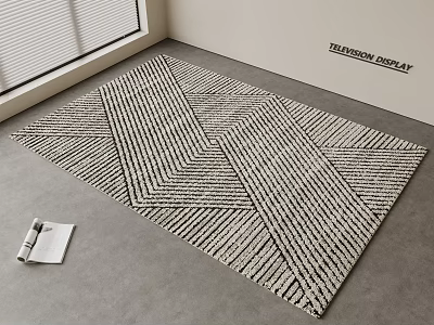 Square Carpet With Black And White Geometric Pattern In Television Display Room With Window Blinds 3d model
