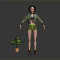Game and Movie Female Character in Green Jacket with Striped Shorts Potted Plant and Gun