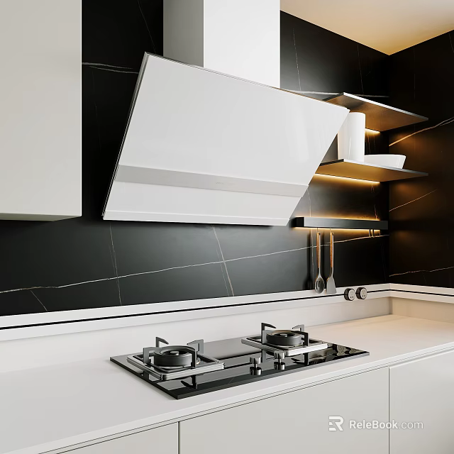 Modern Kitchen With White Range Hood Gas Stove And Black Tile Backsplash 3d model 