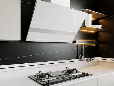 Modern Kitchen With White Range Hood Gas Stove And Black Tile Backsplash 3d model