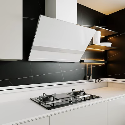 Modern Kitchen With White Range Hood Gas Stove And Black Tile Backsplash 3d model
