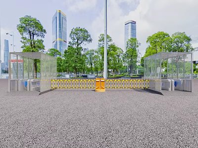 Urban Entrance Gate With Transparent Glass Pavilions Yellow Barriers Surrounding Trees And Distant Tall Buildings 3d model