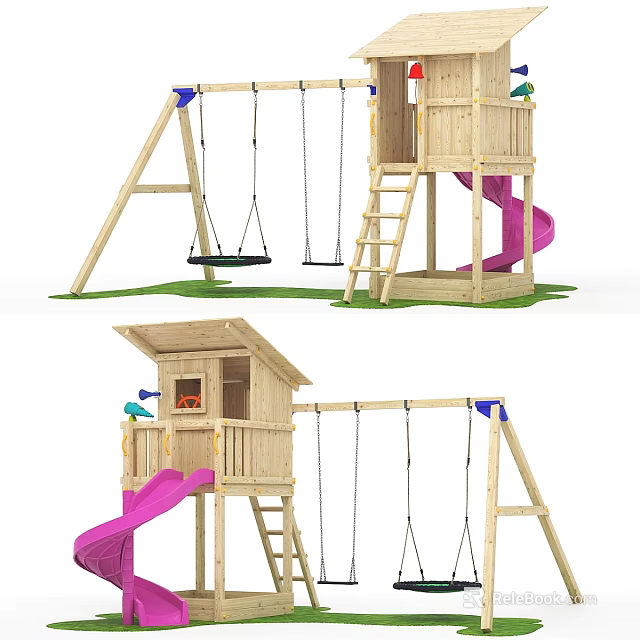 Outdoor Wooden Playground Set With Swings Slide Playhouse And Ladder On Green Grass 3d model 
