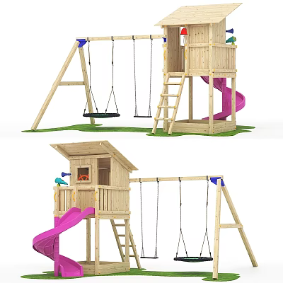 Outdoor Wooden Playground Set With Swings Slide Playhouse And Ladder On Green Grass 3d model