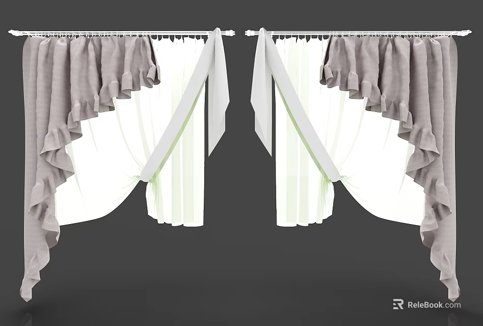Ruffled Light Gray And White Striped Curtains With Window Tiebacks For Interior 3d model 