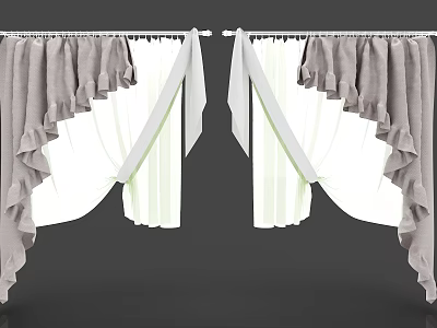 Ruffled Light Gray And White Striped Curtains With Window Tiebacks For Interior 3d model
