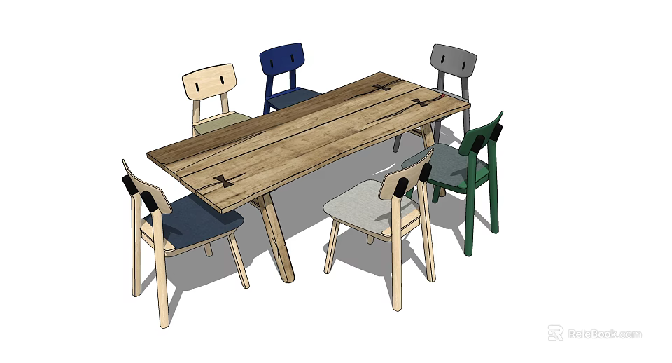 Modern Wooden Dining Table Set With Colorful Chairs For Home Interior 3d model 