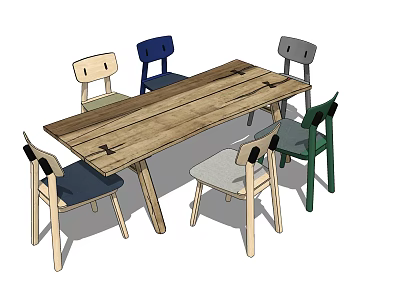 Modern Wooden Dining Table Set With Colorful Chairs For Home Interior 3d model