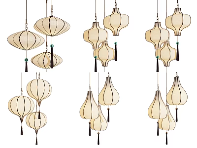Various Traditional Lantern Shaped Chandeliers with Ivory Fabric and Tassel Decorations 3d model