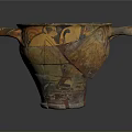 Ancient Broken Ceramic Sculpture With Two Handles And Colorful Patterns