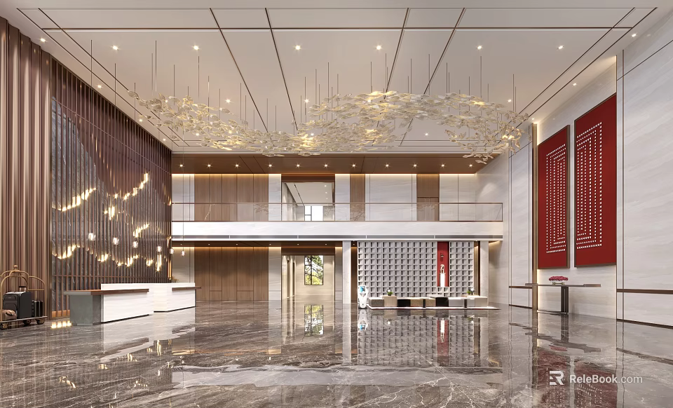 Elegant Modern Hotel Lobby With Chandelier Marble Floor Wooden Accents And Reception Desk 3d model 