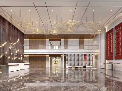 Elegant Modern Hotel Lobby With Chandelier Marble Floor Wooden Accents And Reception Desk 3d model