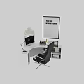 Modern White Curved Desk and Black Leather Chair Set with Computer Desk Lamp and Stationery