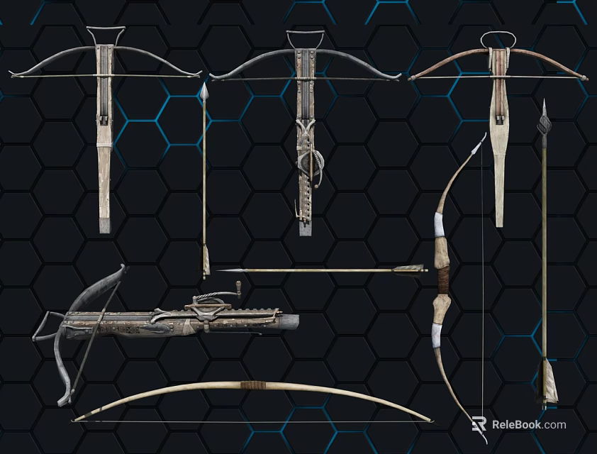 Different Types of Bow Weapons Showcasing Longbow Crossbow and Traditional Styles 3d model 