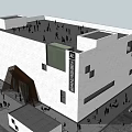 Modern Museum Building Featuring White Facade Geometric Windows Triangular Entrance People And Cars