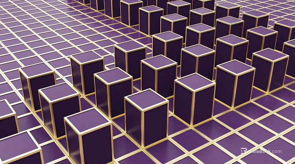 Purple Cubes With Gold Borders Arranged On Grid Pattern Floor 3d model 