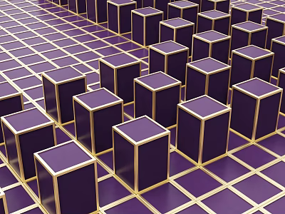Purple Cubes With Gold Borders Arranged On Grid Pattern Floor 3d model