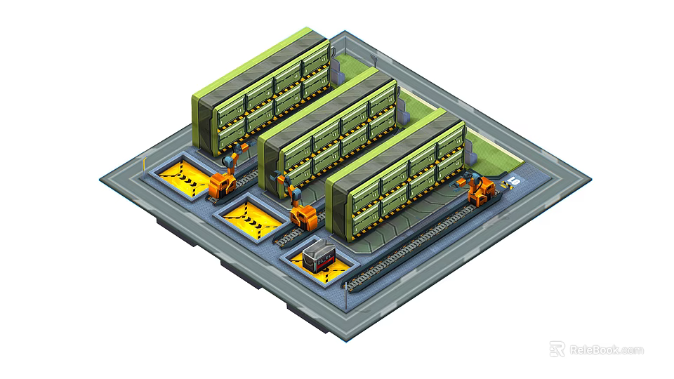 Cartoon Style Logistics Warehouse Facility With Green Warehouses And Orange Forklifts 3d model 