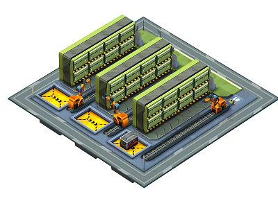 Cartoon Style Logistics Warehouse Facility With Green Warehouses And Orange Forklifts 3d model