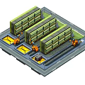 Cartoon Style Logistics Warehouse Facility With Green Warehouses And Orange Forklifts
