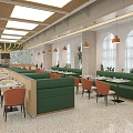 Modern Restaurant Interior With Orange Beige Chairs Marble Tabletops And Green Booth Seats