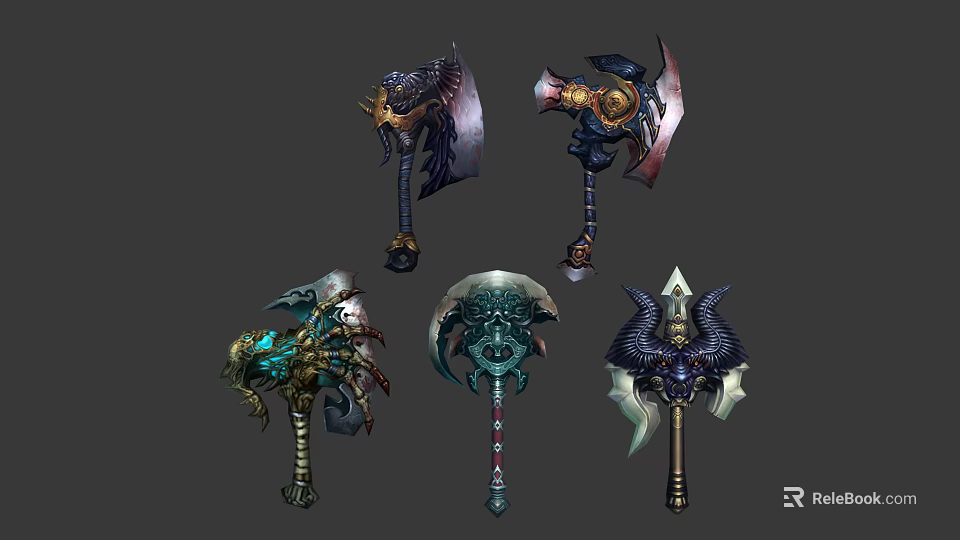 Five Unique Fantasy Axes With Intricate Game Inspired Designs And Details 3d model 