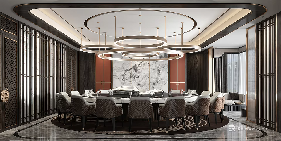 Luxurious Private Dining Room With Round Table And Chandeliers 3d model