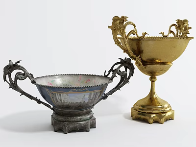Elegant Silver and Gold Trophies with Ornate Handles and Decorative Bases 3d model
