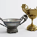 Elegant Silver and Gold Trophies with Ornate Handles and Decorative Bases