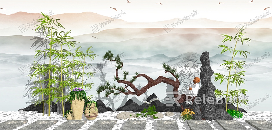 New Chinese style landscape sketch courtyard landscape model