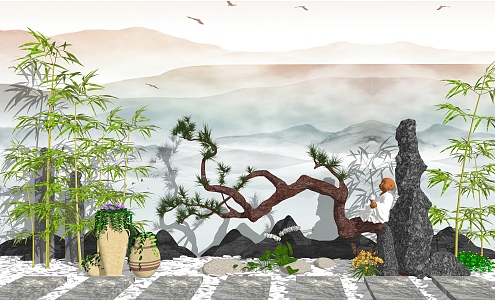 New Chinese style landscape sketch courtyard landscape 3d model