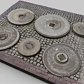 Square Platform With Circular Metal Covers On Brick Patterned Paving Surface 3d model