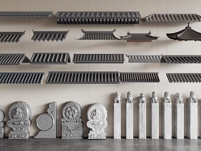Traditional Chinese Architectural Components Including Roof Tiles Stone Carvings And Decorative Pillars 3d model