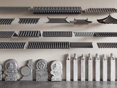 Traditional Chinese Architectural Components Including Roof Tiles Stone Carvings And Decorative Pillars 3d model