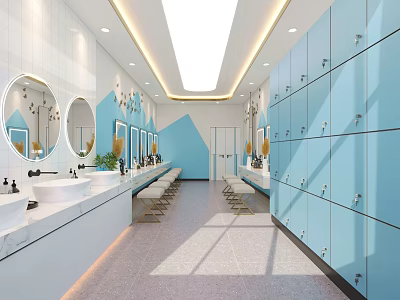 Modern Locker Room Interior With Blue Lockers White Walls Marble Sinks And Mirrors 3d model