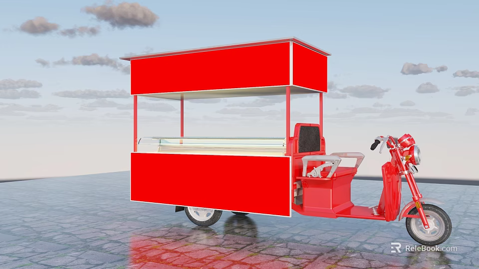 Red Tricycle Food Cart With Transparent Display Counter On Stone Paved Ground 3d model 