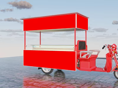 Red Tricycle Food Cart With Transparent Display Counter On Stone Paved Ground 3d model