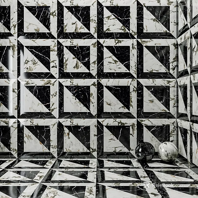 Black And White Geometric Pattern Marble Tiles For Wall And Floor With Decorative Spheres 3d model 