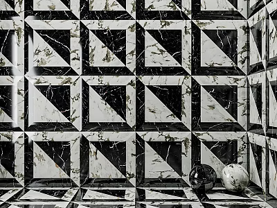 Black And White Geometric Pattern Marble Tiles For Wall And Floor With Decorative Spheres 3d model