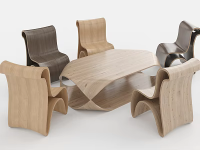 Modern Wooden Table Chair Set With Curved Design And Natural Minimalist Tones 3d model