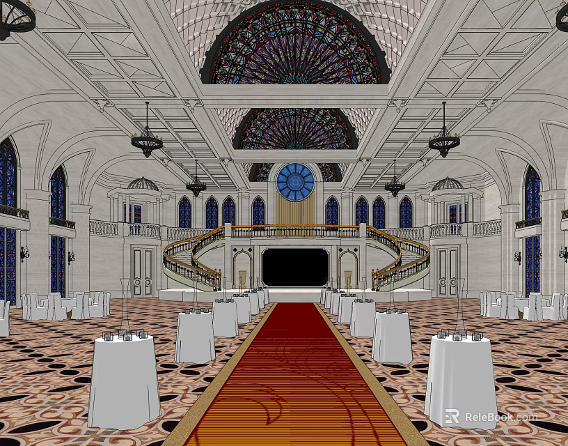 Grand Banquet Hall With Stained Glass Dome Chandeliers Red Carpet And White Round Tables 3d model 