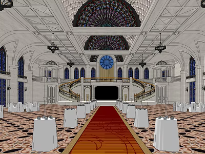 Grand Banquet Hall With Stained Glass Dome Chandeliers Red Carpet And White Round Tables 3d model