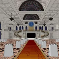 Grand Banquet Hall With Stained Glass Dome Chandeliers Red Carpet And White Round Tables