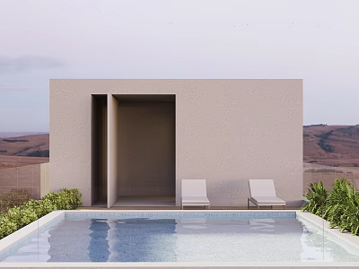 Modern Garden With Swimming Pool Lounge Chairs Green Plants And Mountain View 3d model