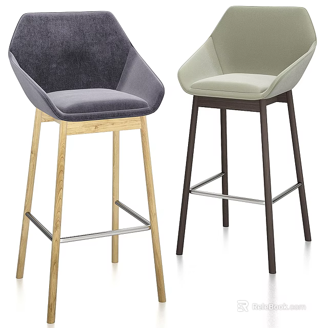 Modern Stylish Bar Stools With Gray Beige Upholstery Wooden Legs And Metal Footrest 3d model 