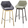 Modern Stylish Bar Stools With Gray Beige Upholstery Wooden Legs And Metal Footrest
