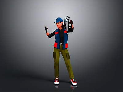 Man Wearing Blue Cap Black Vest With Red Stripe Green Pants Red Shoes Holding Device 3d model