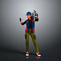 Man Wearing Blue Cap Black Vest With Red Stripe Green Pants Red Shoes Holding Device