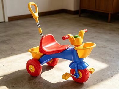 Colorful Kids Tricycle With Red Seat Blue Frame Yellow Basket And Red Wheels 3d model